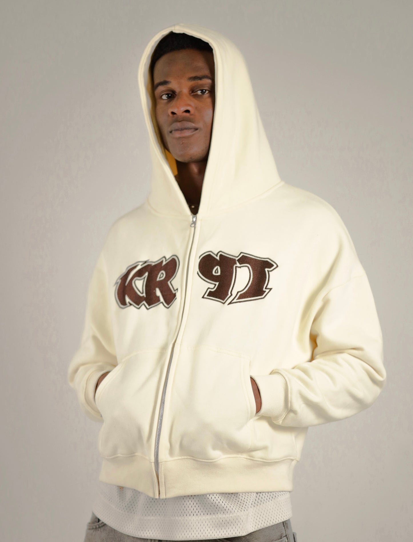 Logo Zip Up Hoodie TAN